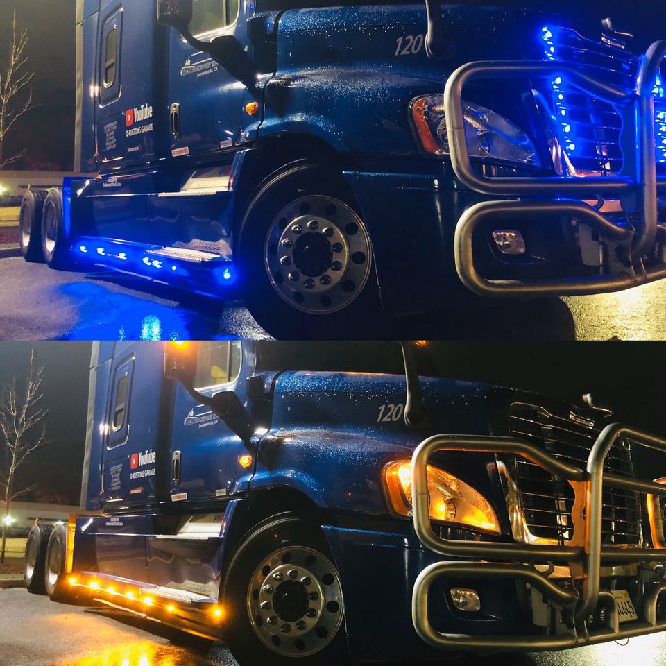 Semi-truck front corner with blue and amber LED kits