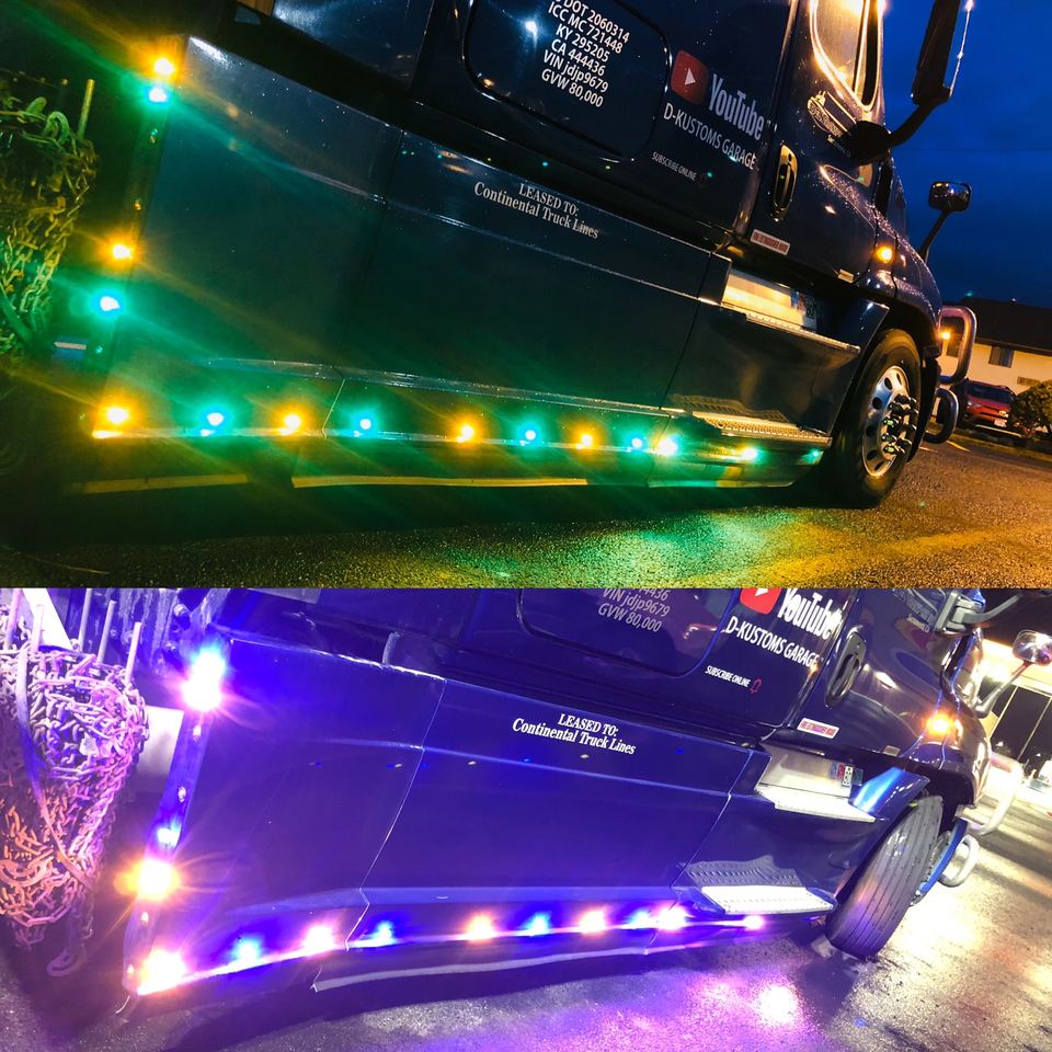 Two views of a semi-truck side skirt with green and purple LED lights